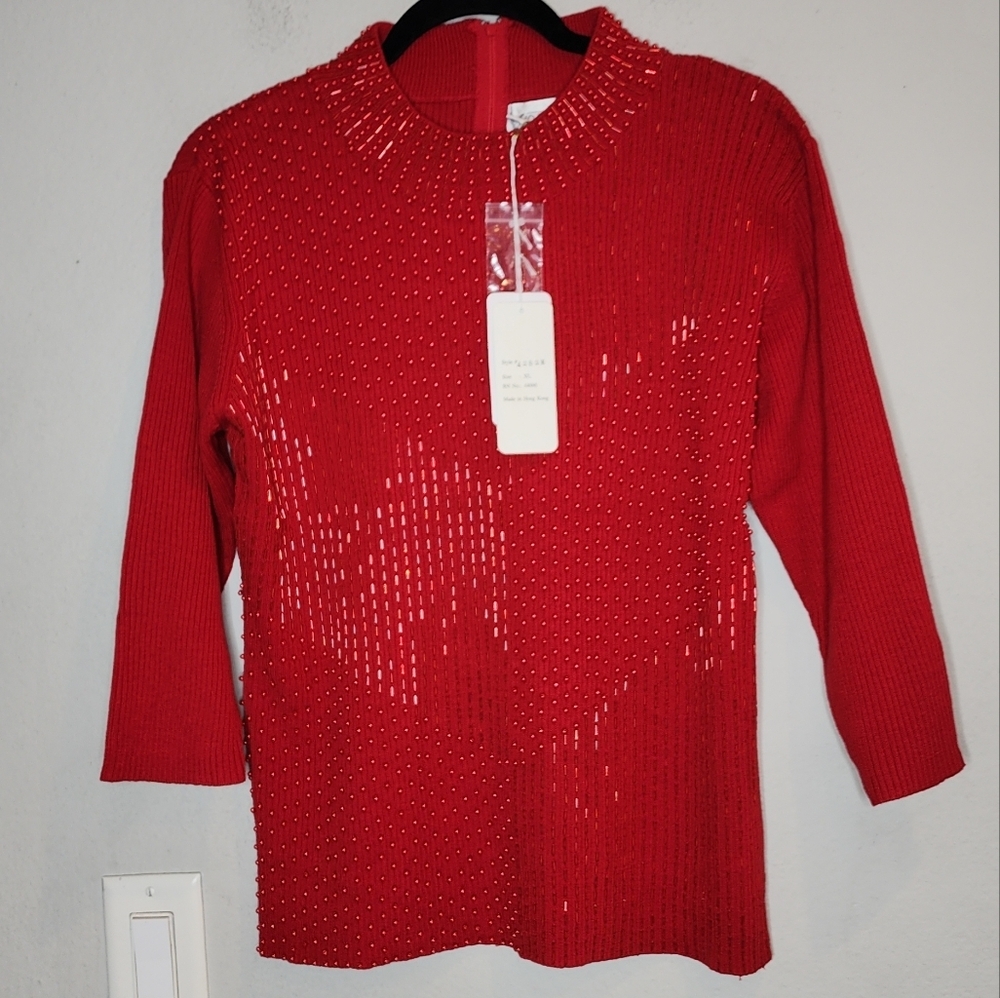 Vintage Red‎ Emebellished Knit Mock Neck Sweater Size XL Runs Small